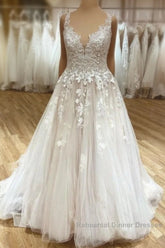 Elegant Long A-Line V-neck Spaghetti Straps Appliques Lace Ruffles Tulle Wedding Dresses